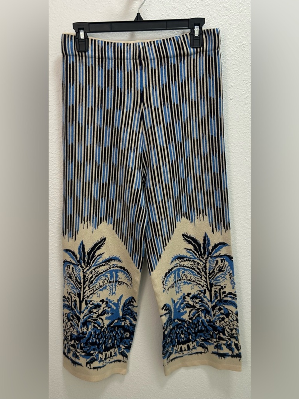 Tropical Knit Wide-Leg Pants in Cream, Blue & Black